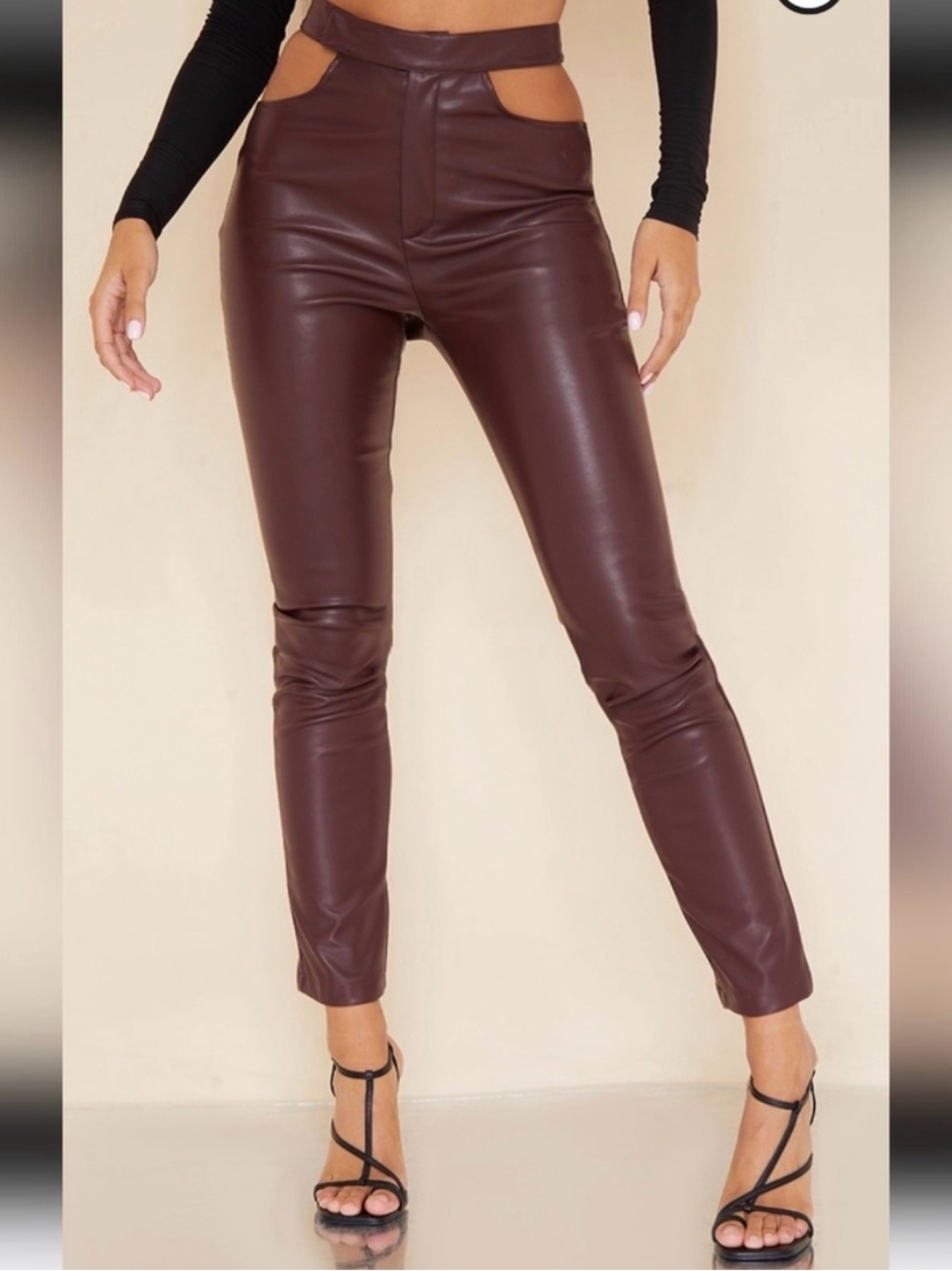 dark chocolate faux leather cut out detail skinny trouser